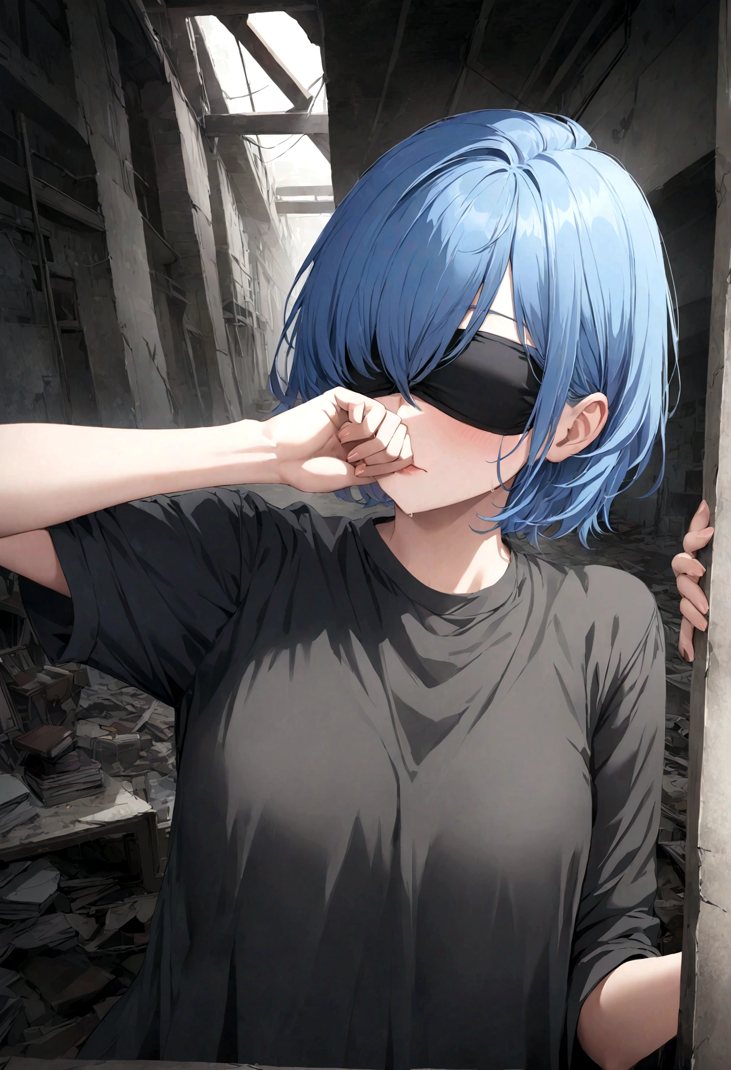 Cloth, Cover your eyes,
用丝带Cover your eyes, ((Not blindfolded,))black, black透明裙子,Long blue hair,In an abandoned factory, dark,
Album，Art Books, game_CG, realistic, photo, real,
, masterpiece, best quality,short hair