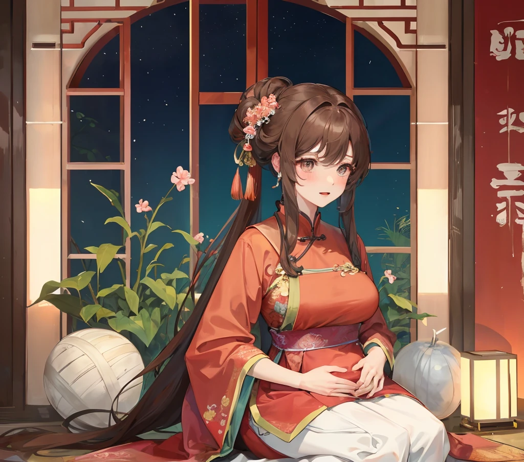 绝代夜满月1女China风ancient姐妹御姐微笑棕发Princess剪麻花辫双丸浅粉红唇, calm, Intellectuals, Zhongfa, Green Student, hairpin, Peach Blossom, Red clothes, best quality, Married woman, aldult, Chinese, China, elder sister, hairpin,brown hair, Princess,Full of motherly love,purely,blush,Enthusiastic,Mother,Mature,fine,pregnant,wife,Pantyhose,Shy,Happy,Likeable,发hairpin,Double tail,ancient