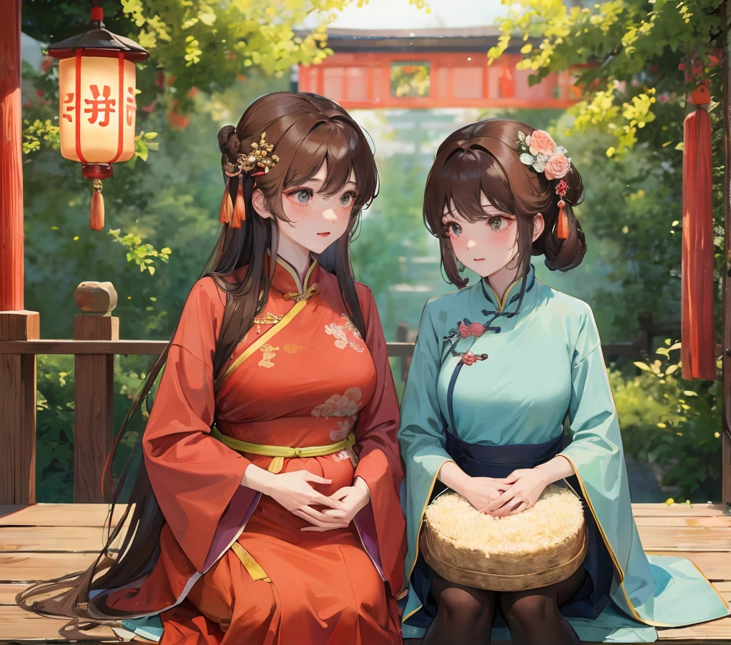 绝代夜满月1女China风ancient姐妹御姐微笑棕发Princess剪麻花辫双丸浅粉红唇, calm, Intellectuals, Zhongfa, Green Student, hairpin, Peach Blossom, Red clothes, best quality, Married woman， aldult, Chinese, China, elder sister,   hairpin，brown hair, Princess，Full of motherly love，purely，blush，Enthusiastic，Mother，Mature，fine，pregnant，wife，Pantyhose，Shy，Happy，Likeable，发hairpin，Double tail，ancient