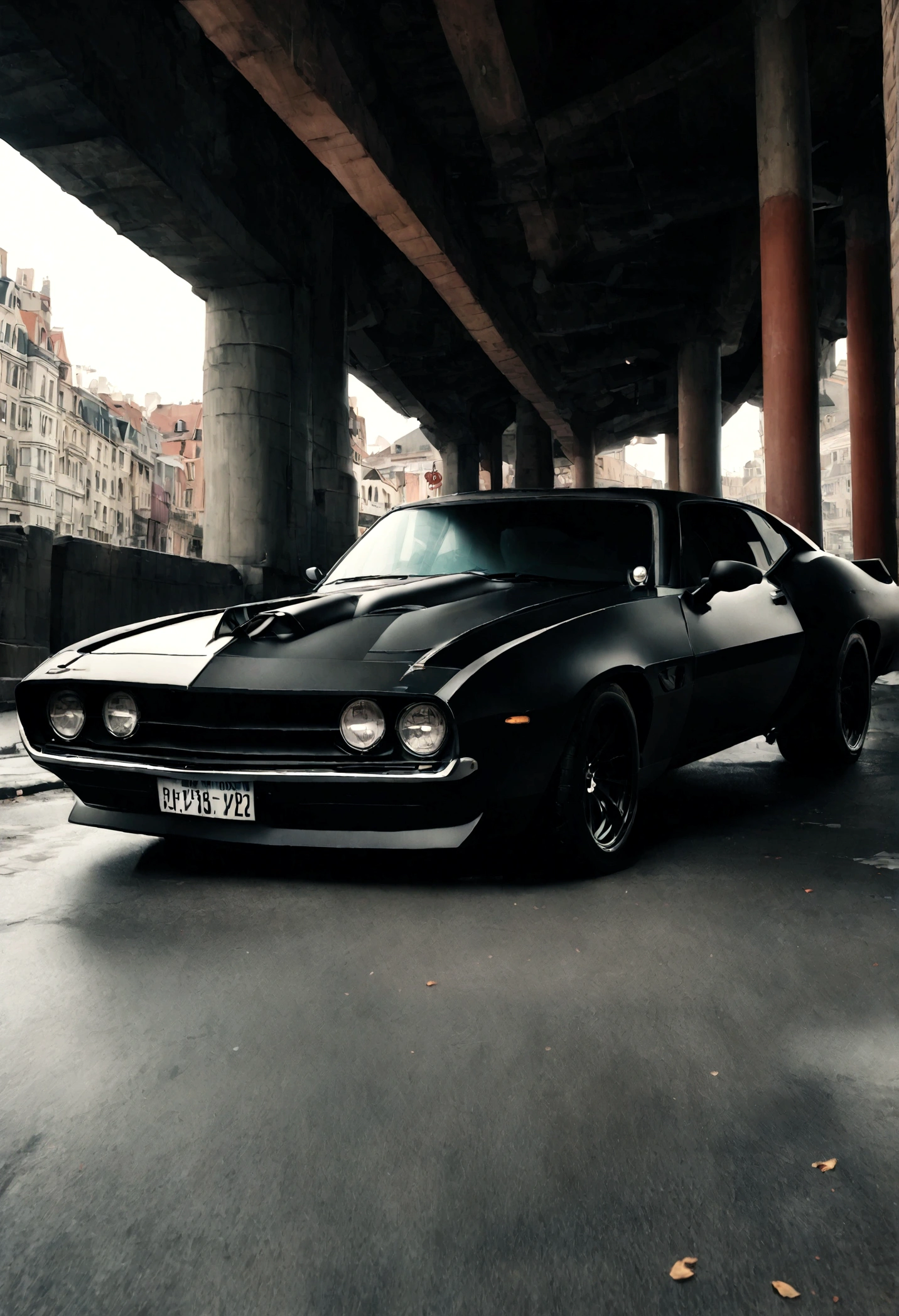 Real black batmobile muscle car ,Drive on streets,street,Realistic background,Detail background