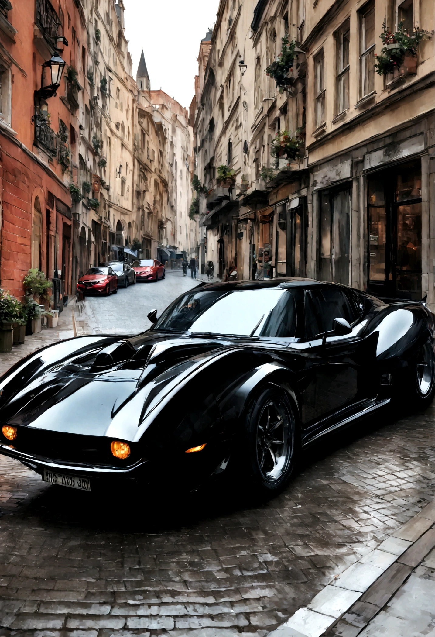 Real black batmobile muscle car ,Drive on streets,street,Realistic background,Detail background