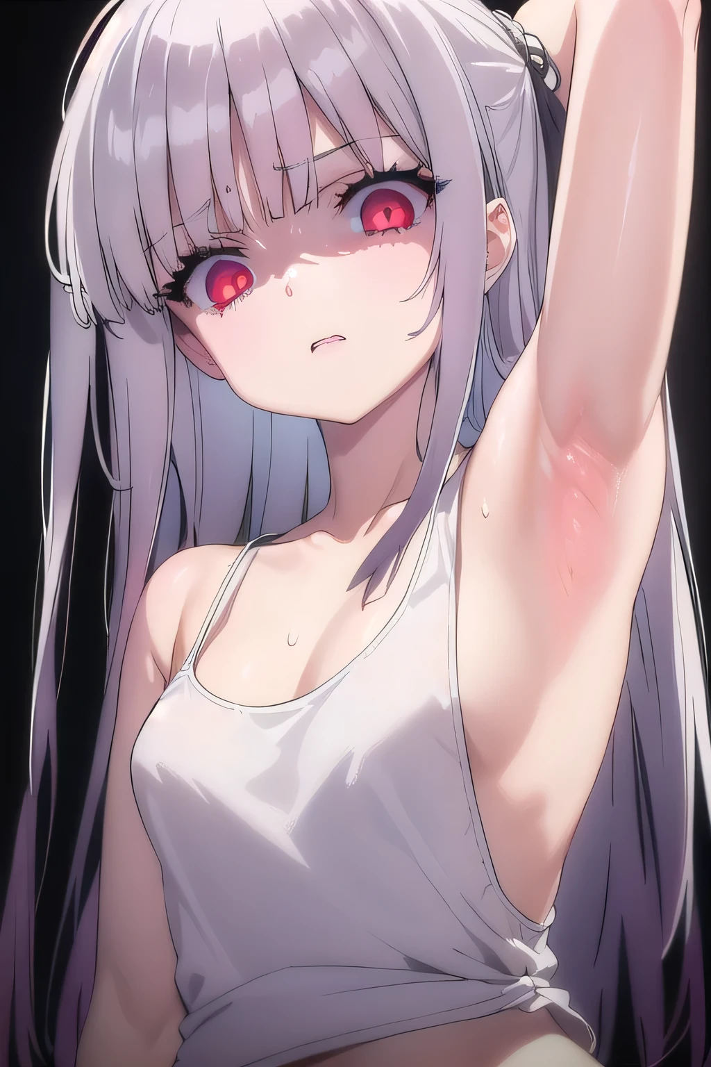 masterpiece, best quality, ultra-high-detailed, Disgusted face, white hair, red eyes, sigtuna julie , small chest , looking to viewer, deep eyes,  glare eyes, croptop, Camisole, tanktop, bare shoulder, focus to face, black background, upper body , cleavage, sweated a lot, one arm up,  armpit crease, armpit pits, armpit warm, arm behind head, sweaty armpit 