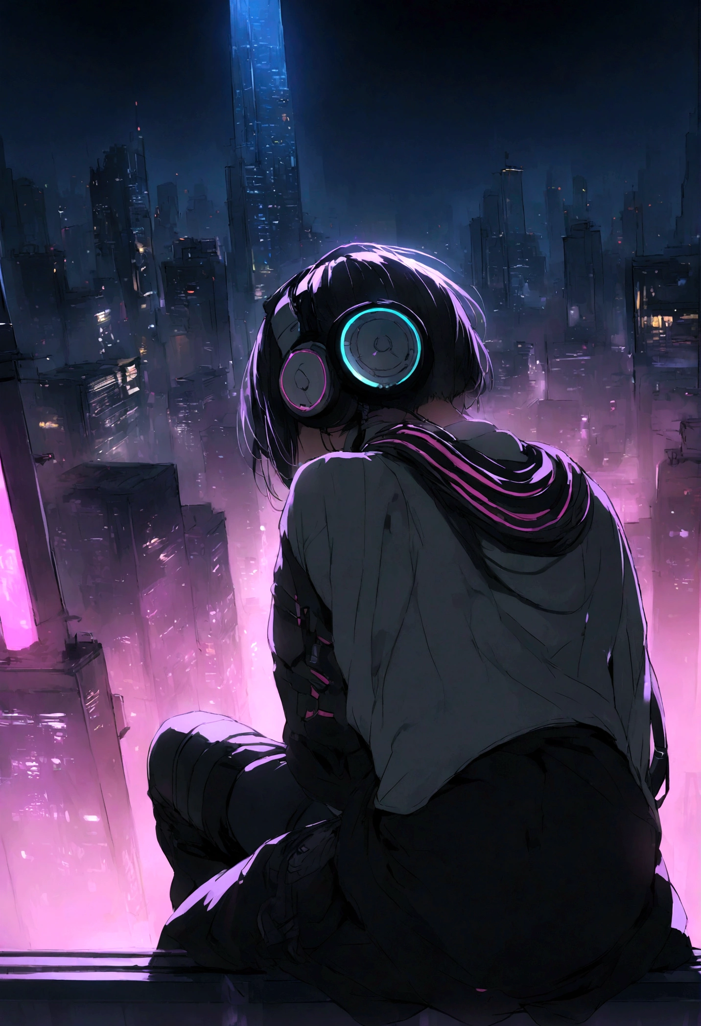 highest quality、masterpiece、night、Headphones、cyber punk、Cyber City、Sitting on high ground、Mid Shot、Looking down from the rooftop、High Position、Back view