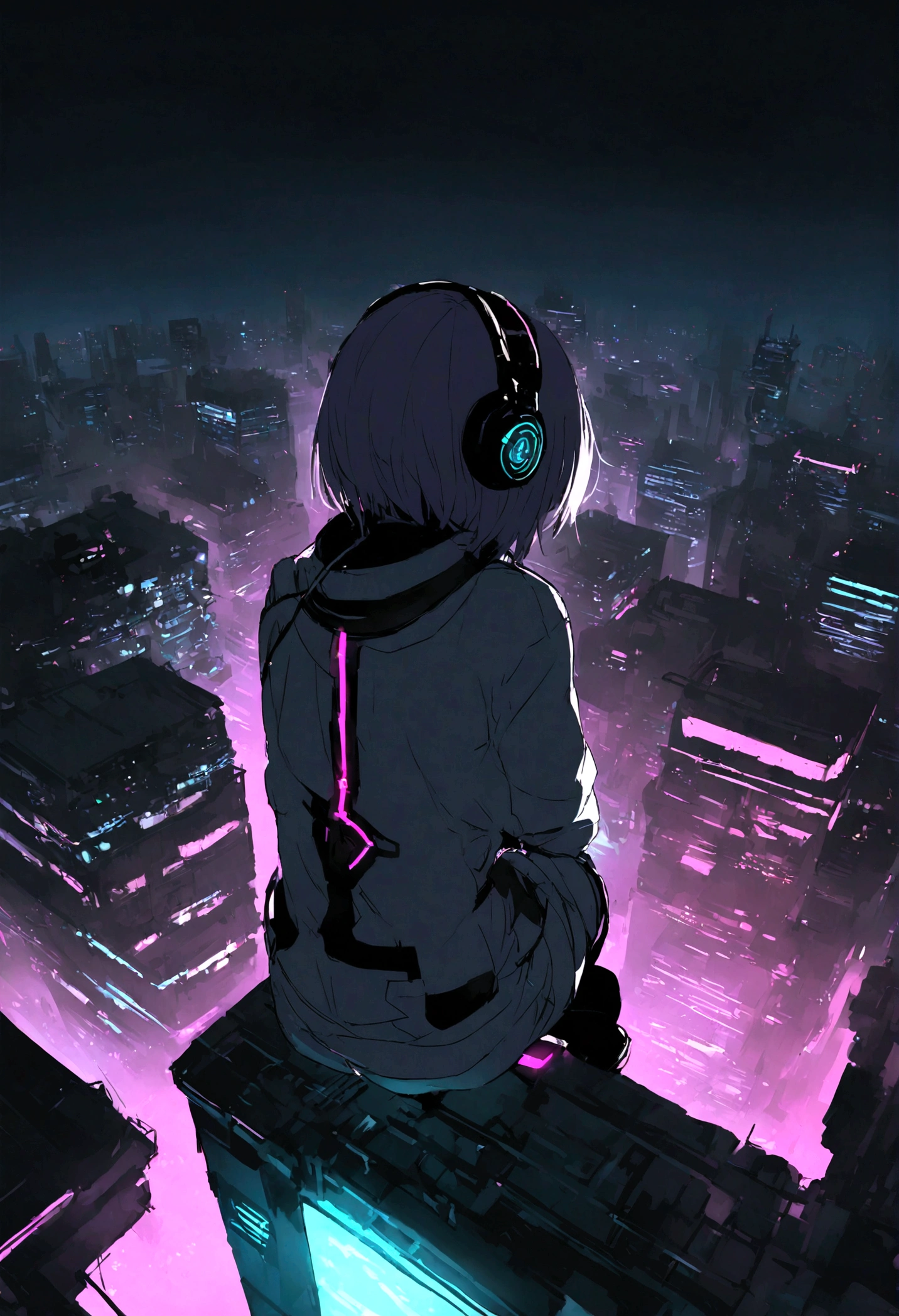 highest quality、masterpiece、night、Headphones、cyber punk、Cyber City、Sitting on high ground、Mid Shot、Looking down from the rooftop、High Position、Back view