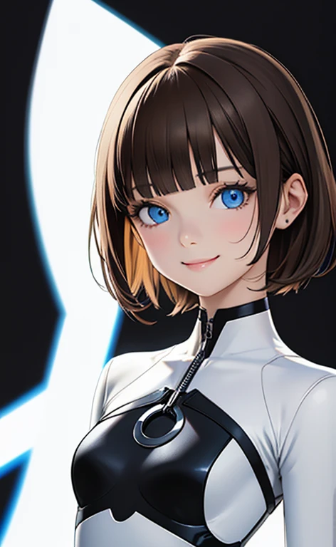 (Photorealistic:1.4)、(,20-year-old:1.5),(masterpiece、Blue Lens Filter:1.5、Blue lens flare:1.5、spot light:1.2、Exquisite beautiful eye:1.5,portlate),(kind eyes、tareme:1.9),(deep shadows:1.5)、Cute Face、 3D Face、(light brown hair:1.5)、(pixie cut),(sidelock :1.5),(blunt bangs:1.3),(1 woman)、(Blue eyes:1.2)、(upper body:1.5)、(Cute smile:1.5)、(head tilt) ,(Cute face:1.2),(flat chest),(),kind face,(white Bodysuit with cut out),(black background:1.5)、()、()、 Neat and clean、Adorable、Demure,Slim Body(),Shiny Hair、()、Nijisketch,Manga,