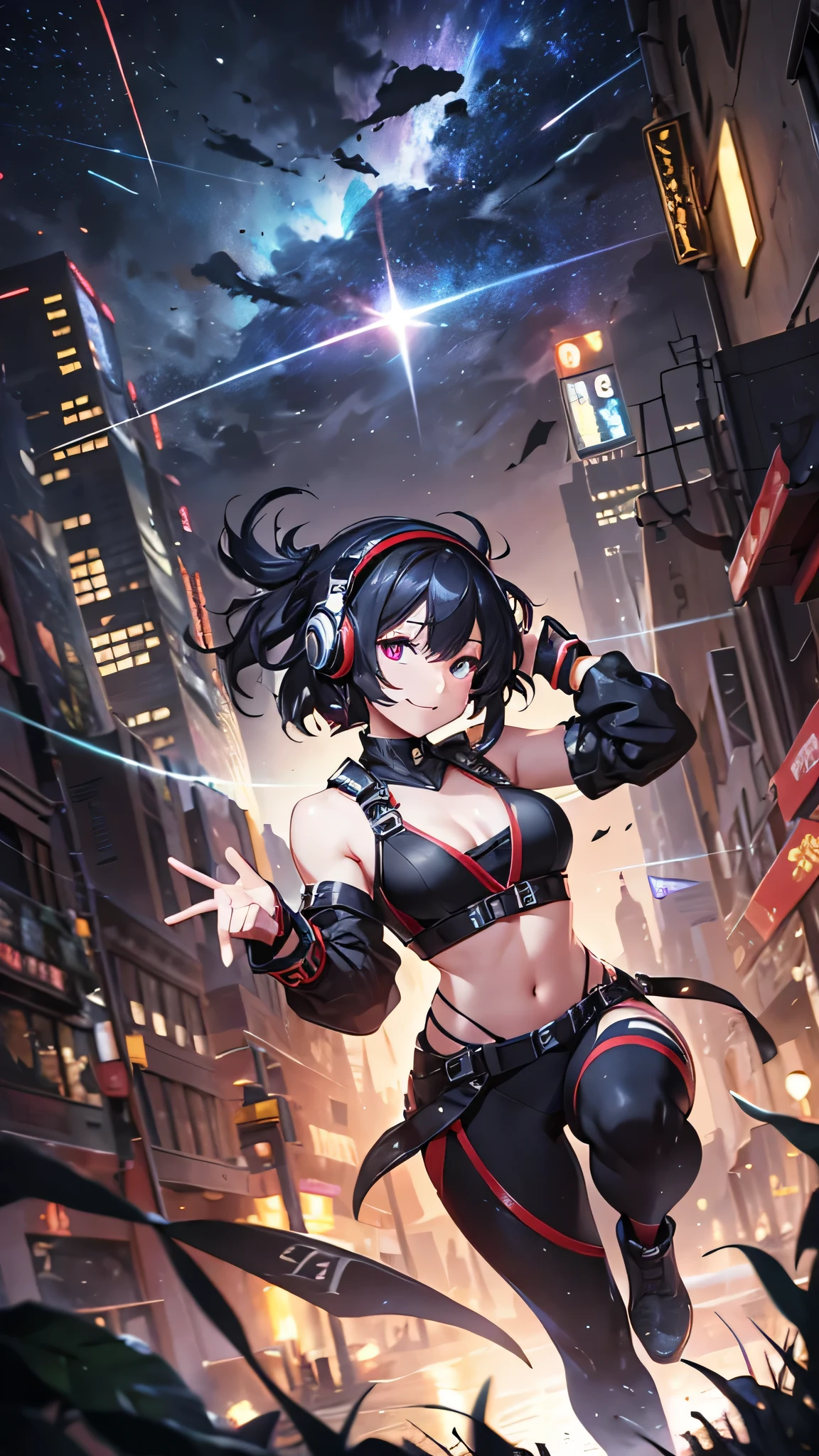 Highest quality、Highest quality、Masterpiece、girl((half、18-year-old、as soon as、Highest Bust、Medium Bust、Wide open chest、Red glowing eyes、Black Ear、Red Mesh、Disheveled Hair、Loincloth、thin、The best valley、Open chest、hair ornaments、Full body view、pants、Sports Bra、Random Pause、smile、headphone))、high quality、Beautiful Art、background((Collapsing Ground、no gravity、Floating Object、City of night、shooting star))、flight、Flying Debris、Depth of text、movie、Visual Arts、Perfect Art、8K、Genuine、Special Angles