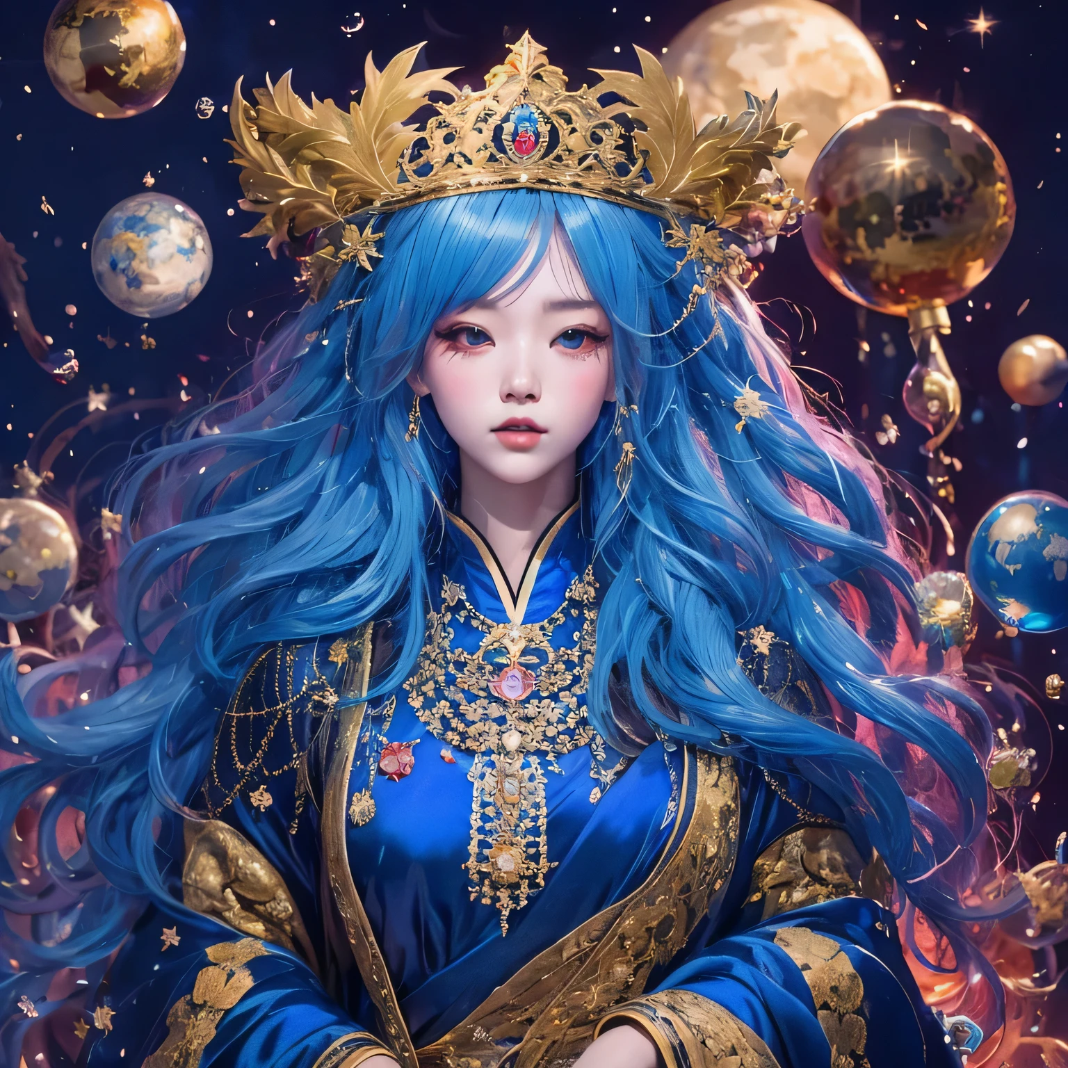 18 years old with blue hair wearing a gold crown and a blue wig, fantasy art style, ((a beautiful fantasy empress)), a beautiful fantasy empress, artwork in the style of Girl, azure. detailed hair, 18 years old, palace ， a girl in hanfu, beautiful celestial mage, anime girl with cosmic hair