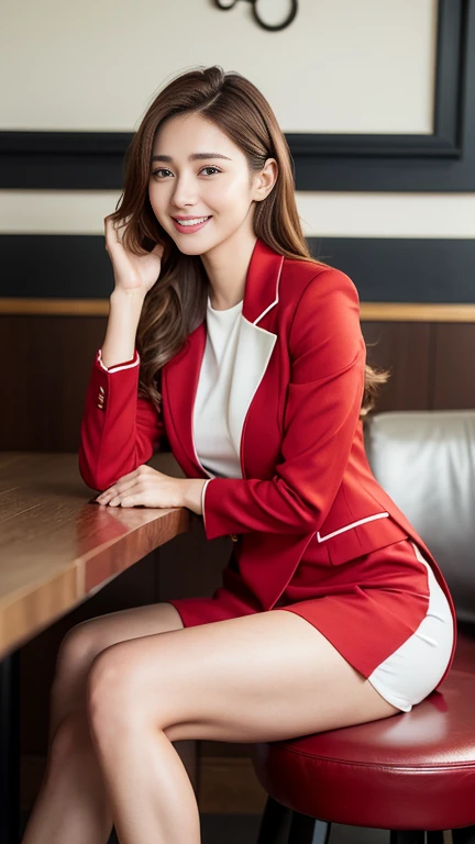  highest quality, Realistic, Very detailed, finely, High resolution, 8k wallpaper, 1. Beautiful woman,, Light brown hair, Wearing a red business suit,wearing a red slit skirt、Natural pose, Sharp focus, Perfect dynamic composition, sitting in a suburban cafe,finelyて美しい目, Thin Hair, Detailed and Realistic skin texture, smile, Model Body Type,Beautiful legs,Full Body Shot,Side Shot,Smile and laugh,