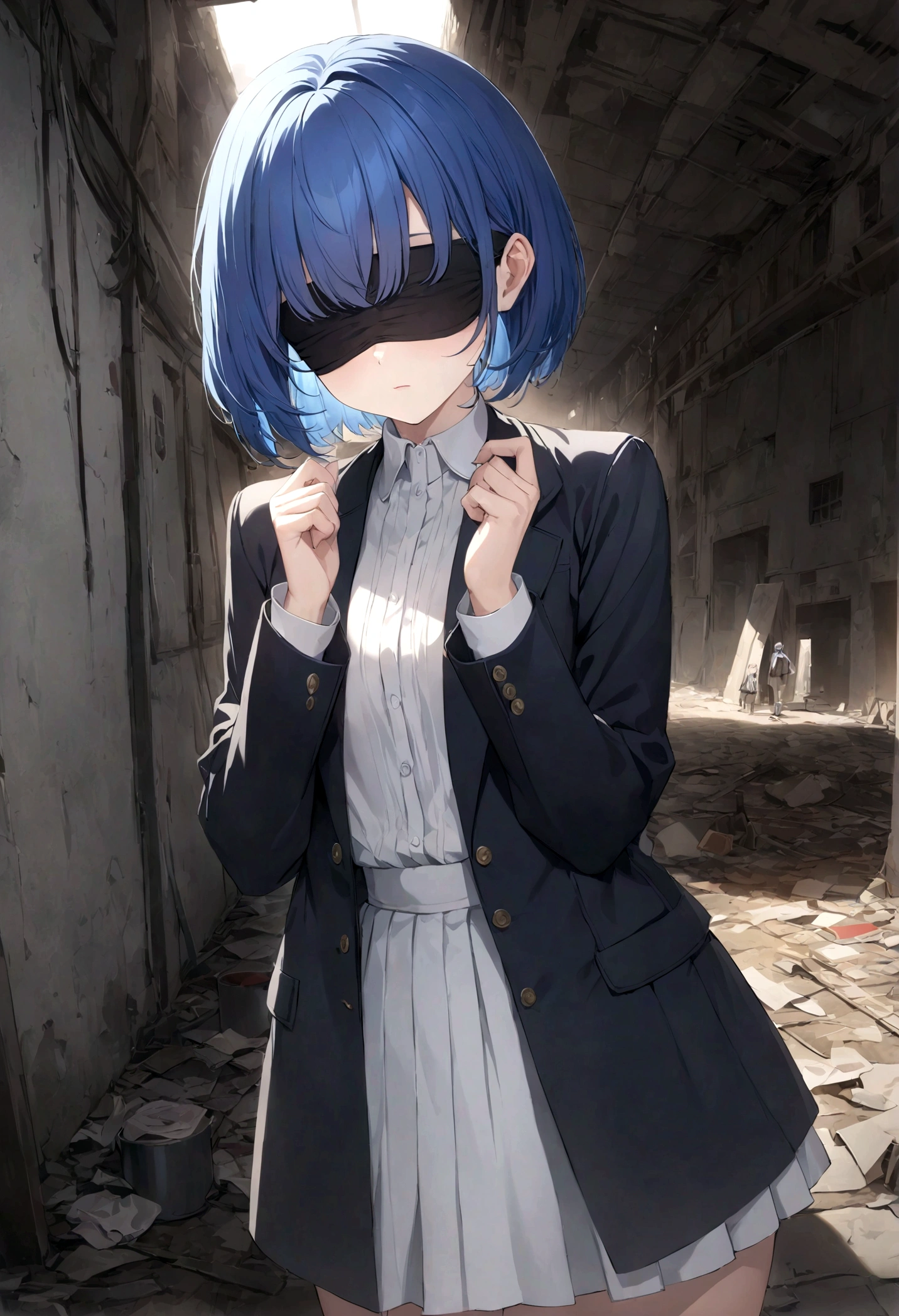 Cloth, Cover your eyes,
用丝带Cover your eyes, ((Not blindfolded,))black, black透明裙子,Long blue hair,In an abandoned factory, dark,
Album,Art Books, game_CG, realistic, photo, real,
, masterpiece, best quality,short hair,cool