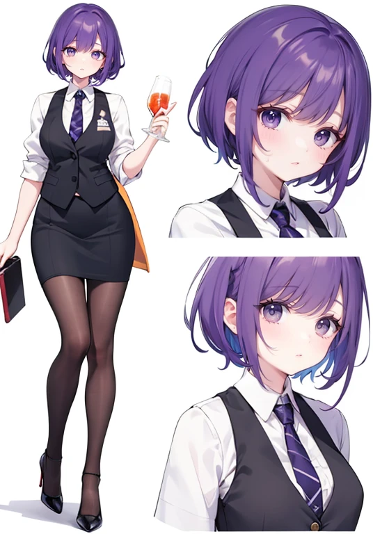 ((Perfect Face)),Purple Hair,short hair,1 female,bartender,,Black vest,tie,High heels,,((Simple White background)),((smile)),((full body)),((whole body)),Portraits,virtual,upright,