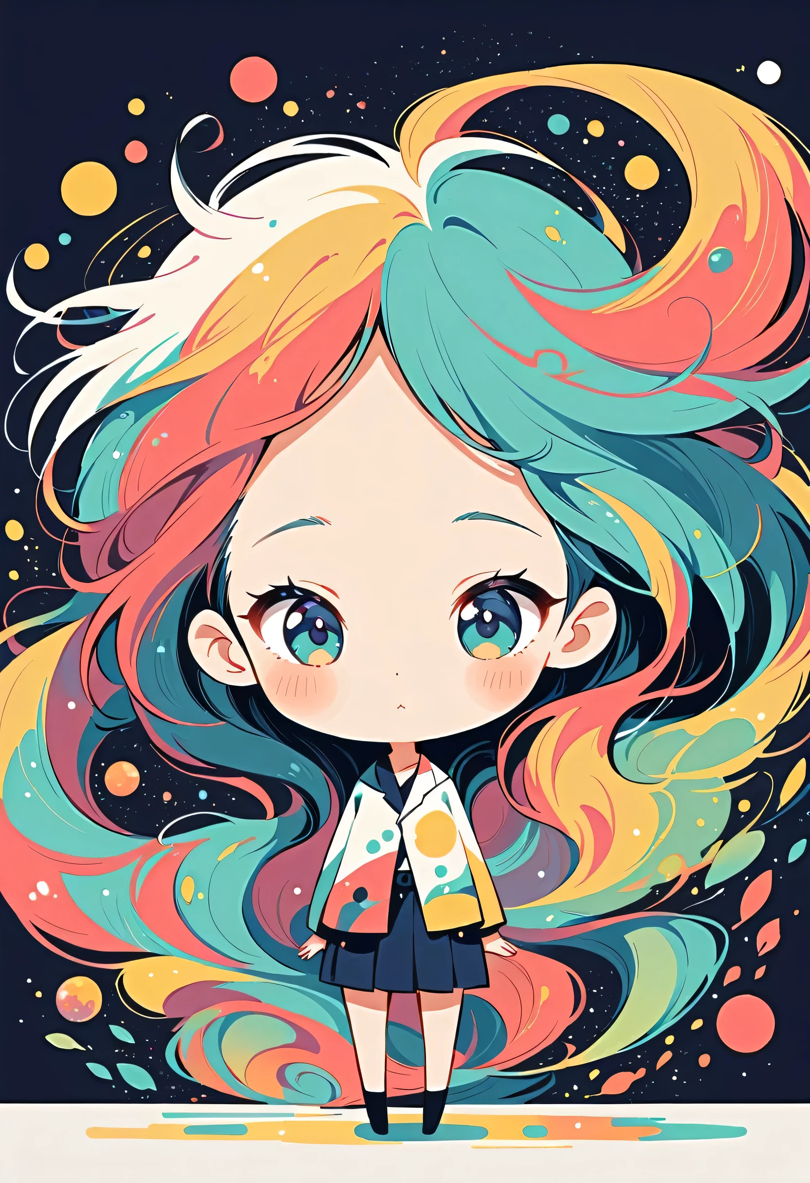 Watase Seizo style, Standing in front of a high wall,Simple Line Initialism,Abstract art,galactic universe Background, (((The most beautiful girl))), (((chibi)))