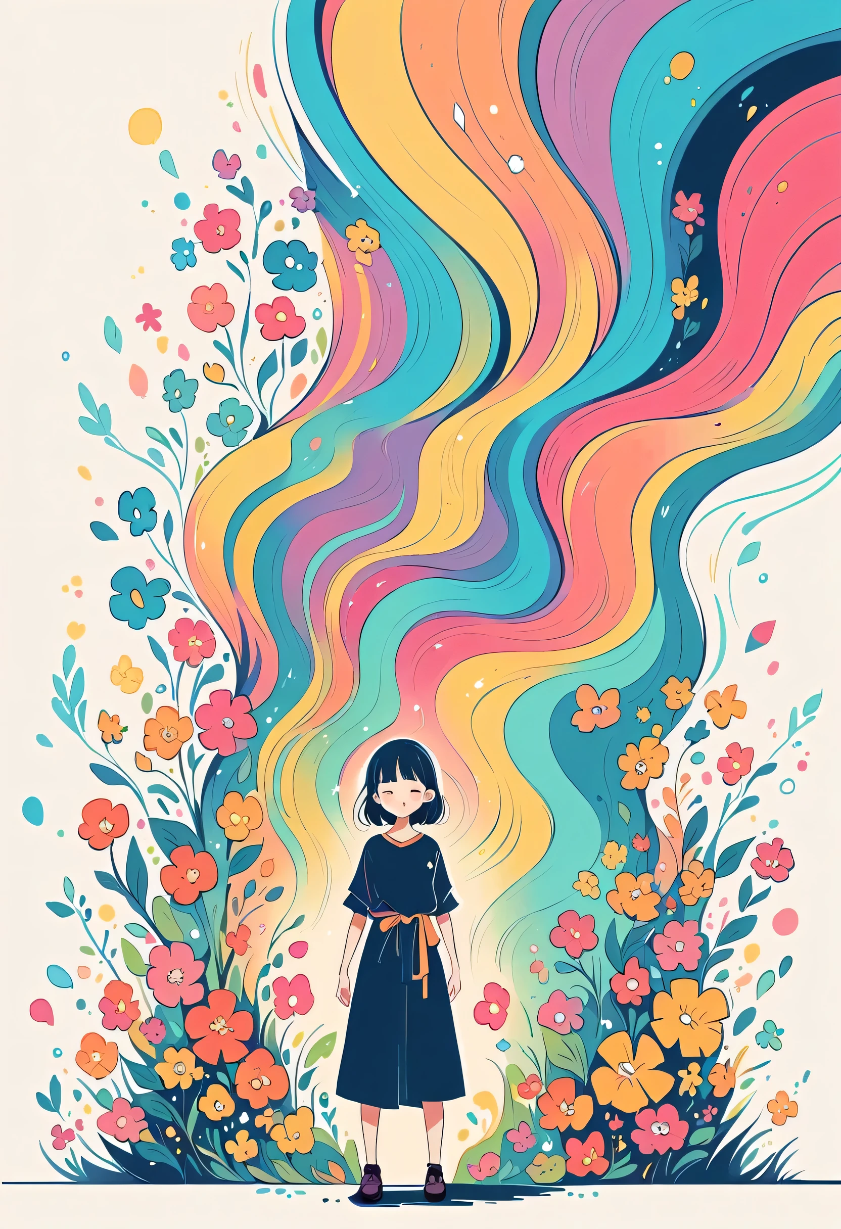Watase Seizo style, Standing in front of a high wall,Simple Line Initialism,Abstract art,Urban Background, (((The most beautiful girl))), colorful flowers