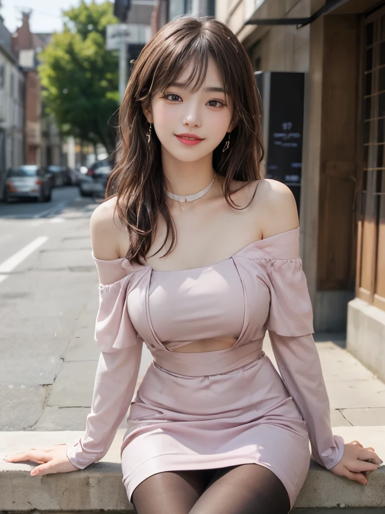 1 girl, Very bright backlight, alone, {Beautiful and delicate eyes}, 20-year-old、Highly detailed face and skin texture,An expression of pure desire, The light is naturally soft, Hair fluttering in the wind, Brown long hair、See-through bangs, Eyes full of smiles, Very small earrings, (She was wearing a tight pink mini dress,Off-the-shoulder style_skirt,Black Pantyhose:1.3),Choker Necklace,,21yo, Film Grain, Real Hand,Smile and be shy,From the knee up