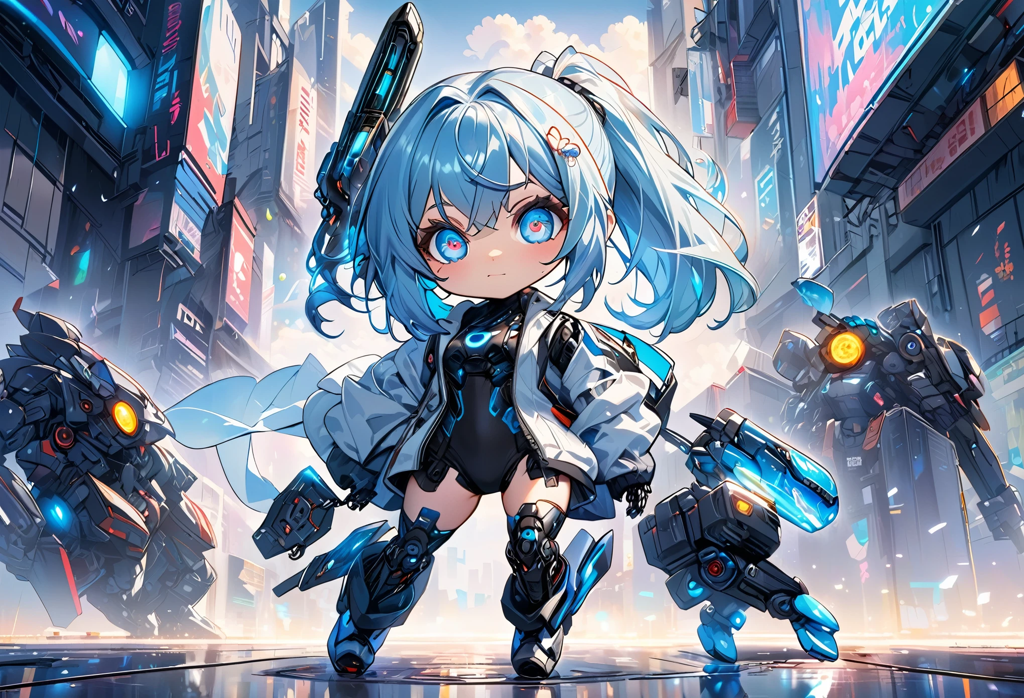high quality,(High resolution:1.2),Incredible illustrations,1girl(Light blue metallic hair,Jacket,Robot Suit,Inner Suit,boots,Device Goggles)(Artificial eye,Prosthetic arm,Prosthetic limbs,)(chibi)(Cyberpunk)