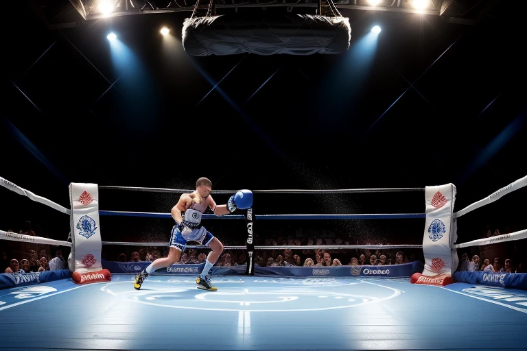 boxe ring with lights and ropes, boxe ring sol blanc coin bleu et sol blanc sol, fond d&#39;Atlantic City, Ring de boxe avec le sol blanc et les coins bleus, scene background d'Atlantic City, toile de fond Atlantic City, écran centrale au dessus du ring comme au madison square garden  in a boxe ring,  boxe, boxe match, scene,  projecteur, barre d&#39;background, spot et projecteur au plafond  fond dramatique, atmospheric perspective, glowing light, 8k, super detail, best quality, masterpiece