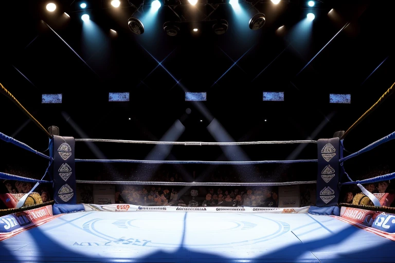 boxe ring with lights and ropes, boxe ring sol blanc coin bleu et sol blanc sol, fond d'Atlantic City, Ring de boxe avec le sol blanc et les coins bleus, scene background d'Atlantic City, toile de fond Atlantic City, écran centrale au dessus du ring comme au madison square garden in a boxe ring, boxe, boxe match, scene, projecteur, barre d'background, spot et projecteur au plafond fond dramatique, atmospheric perspective, glowing light, 8k, super detail, best quality, masterpiece