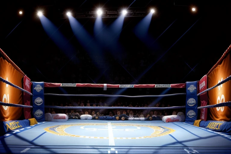 boxe ring with lights and ropes, boxe ring sol blanc coin bleu et sol blanc sol, fond d'Atlantic City, Ring de boxe avec le sol blanc et les coins bleus, scene background d'Atlantic City, toile de fond Atlantic City, écran centrale au dessus du ring comme au madison square garden in a boxe ring, boxe, boxe match, scene, projecteur, barre d'background, spot et projecteur au plafond fond dramatique, atmospheric perspective, glowing light, 8k, super detail, best quality, masterpiece