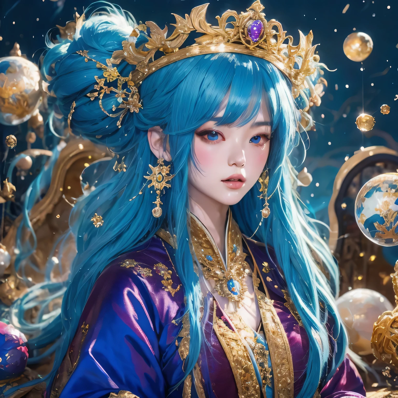 18 years old with blue hair wearing a gold crown and a blue wig, fantasy art style, ((a beautiful fantasy empress)), a beautiful fantasy empress, artwork in the style of Girl, azure. detailed hair, 18 years old, palace , a girl in hanfu, beautiful celestial mage, anime girl with cosmic hair