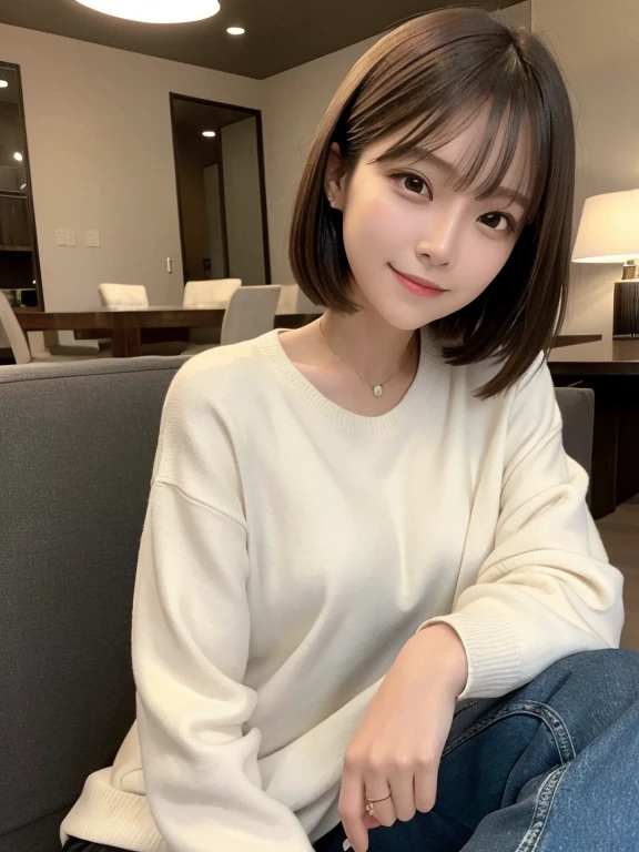 masterpiece, highest quality, High resolution,alone,Brown,artistic,Best lighting,Casual clothing,Flat Chest,Beautiful Face,expensive,smile,light makeup,Age 23,Calm woman,Detailed Hair,Laughing woman,Face Focus,short hair,Very white skin,Thin eyebrows,Woman wearing a jacket,night,Background Bokashi,illumination,Woman sitting on floor with legs crossed