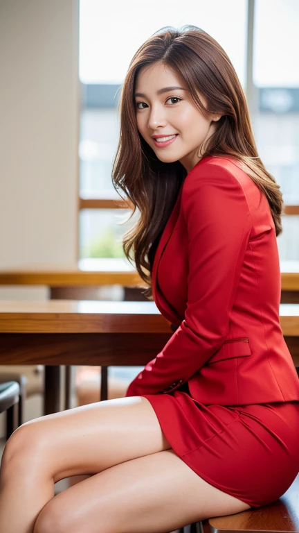 highest quality, Realistic, Very detailed, finely, High resolution, 8k wallpaper, 1. Beautiful woman,, Light brown hair, Wearing a red business suit,wearing a red slit skirt、Natural pose, Sharp focus, Perfect dynamic composition, sitting in a suburban cafe,finelyて美しい目, Thin Hair, Detailed and Realistic skin texture, smile, Model Body Type,Beautiful feet,Full Body Shot,Side Shot,Smile and laugh,