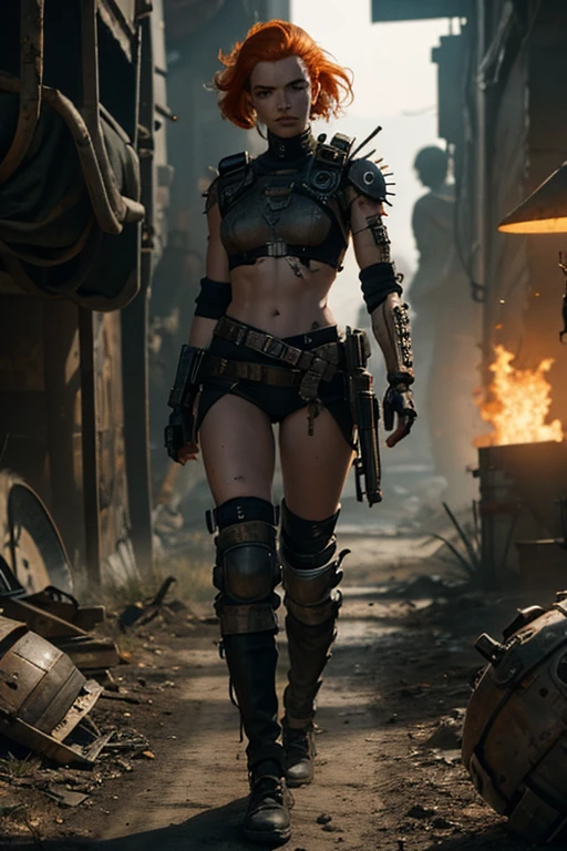 A highly detailed and realistic skull girl, cyberpunk character, mad max furiosa, one hand robot, cyborg arm, orange hair, dramatic metal heavy rock theme, best quality, 8k, hyperrealistic, photorealistic, extreme detailed painting, studio lighting, vivid colors, dark moody atmosphere, cinematic, dramatic pose, intricate mechanical details, glowing energy effects, intense gritty textures, seamless integration of organic and inorganic elements. Wearing the used clothes of a wastelander. Background: An apocalyptic wasteland. Dusty and depressing.