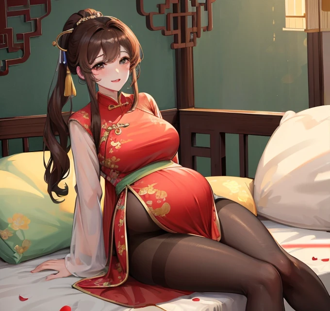 masterpiece, best quality, Married woman, aldult, Chinese, China, elder sister, , brown hair, Princess Cut, Double ponytail,Full of motherly love,Pure,blush,Mother,cheongsam,hose,Enthusiastic,Shy,Happy,Front and rear,pregnant