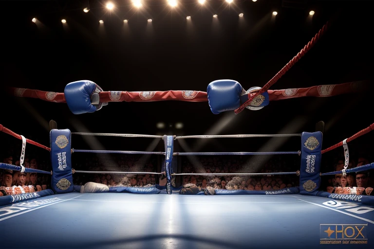 boxe ring with lights and ropes, boxe ring sol blanc coin bleu et sol blanc sol, fond d'Atlantic City, Ring de boxe avec le sol blanc et les coins bleus, scene background d'Atlantic City, toile de fond Atlantic City, écran centrale au dessus du ring comme au madison square garden in a boxe ring, boxe, boxe match, scene, projecteur, barre d'background, spot et projecteur au plafond fond dramatique, atmospheric perspective, glowing light, 8k, super detail, best quality, masterpiece