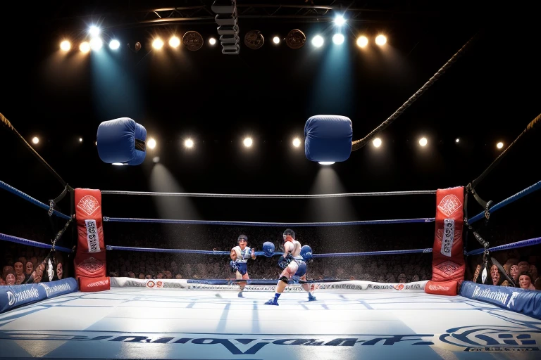 boxe ring with lights and ropes, boxe ring sol blanc coin bleu et sol blanc sol, fond d'Atlantic City, Ring de boxe avec le sol blanc et les coins bleus, scene background d'Atlantic City, toile de fond Atlantic City, écran centrale au dessus du ring comme au madison square garden in a boxe ring, boxe, boxe match, scene, projecteur, barre d'background, spot et projecteur au plafond fond dramatique, atmospheric perspective, glowing light, 8k, super detail, best quality, masterpiece