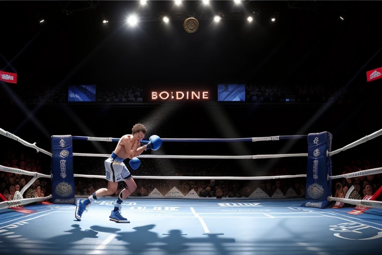 boxe ring with lights and ropes, boxe ring sol blanc coin bleu et sol blanc sol, fond d'Atlantic City, Ring de boxe avec le sol blanc et les coins bleus, scene background d'Atlantic City, toile de fond Atlantic City, écran centrale au dessus du ring comme au madison square garden in a boxe ring, boxe, boxe match, scene, projecteur, barre d'background, spot et projecteur au plafond fond dramatique, atmospheric perspective, glowing light, 8k, super detail, best quality, masterpiece
