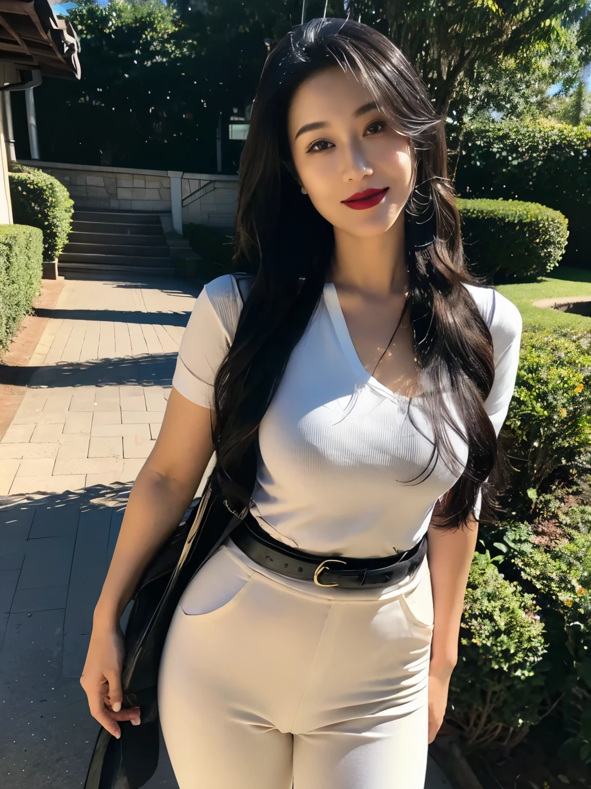Describe facial features accurately and in detail,Red lipstick, From the chest up, Ultra Detailed,lifelike, Super delicate skin, perfect anatomy (Solitary),casual pants,Short sleeve,Black belt,Long wavy hair,37-year-old female,Mature,Charming smile,Scenic spots,Standing,Leg length,Big breasts,stand up,full-body shot