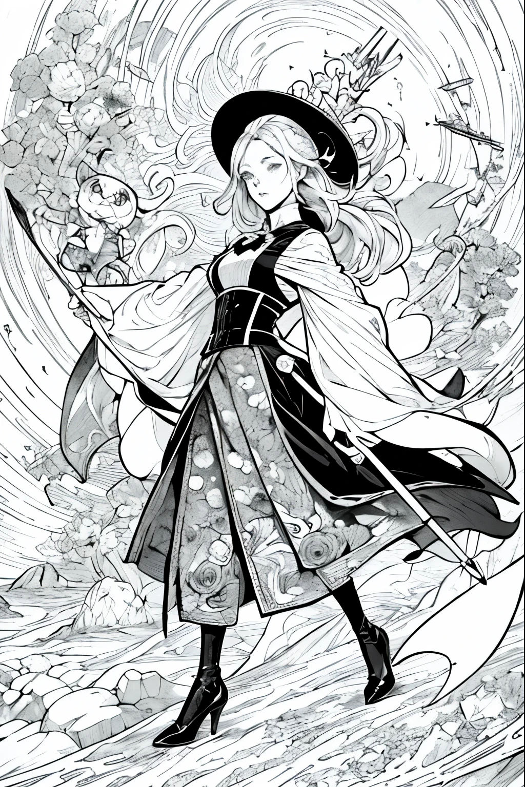 A painting of a costumed woman holding a hat and a walking stick, Manga drawn by Junpei Sato, Pixiv, Gothic art, pencil and Ink Manga, Beautiful line art, Pencil and ink cartoon, Shirow Masamuneスタイル, Shirow Masamune, Ink Manga, Very detailed fan art, Complex manga drawing