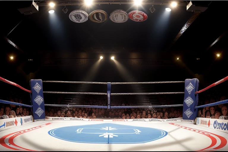 boxe ring with lights and ropes, boxe ring sol blanc coin bleu et sol blanc sol, fond d'Atlantic City, Ring de boxe avec le sol blanc et les coins bleus, scene background d'Atlantic City, toile de fond Atlantic City, écran centrale au dessus du ring comme au madison square garden in a boxe ring, boxe, boxe match, scene, projecteur, barre d'background, spot et projecteur au plafond fond dramatique, atmospheric perspective, glowing light, 8k, super detail, best quality, masterpiece