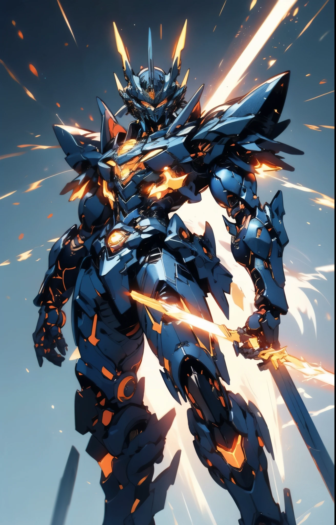 Humanoid Mecha, fully enclosed shoulder guards, matching arm and leg guards, full body, full armor, super robot, the design balances heavy with agility, (the color scheme is primarily white with red and blue accents, the concept Inspired by super robot, artificial muscle chest armor, pose, standing, floating high above the futuristic sci-fi city), exquisite and mature art style, (aura effect, energy, glowing eyes, the armor glows), ((SRS)), metallic, dramatic, high definition, best quality, highres, ultra-detailed, ultra-fine painting, extremely delicate, professional, perfect body proportions, anatomically correct, symmetrical face, extremely detailed eyes and face, high quality eyes, creativity, RAW photo, UHD, 32k, Natural light, cinematic lighting, masterpiece-anatomy-perfect, masterpiece:1.5