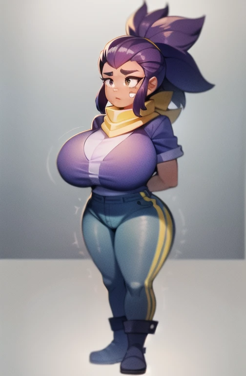 shellyBS, 1girl, dark skin, dark-skinned female, purple hair, ponytail, yellow hairclip, bandaid on face, scarf, purple shirt, short sleeves, blue pants, blue boots, gigantic breasts, arms behind back