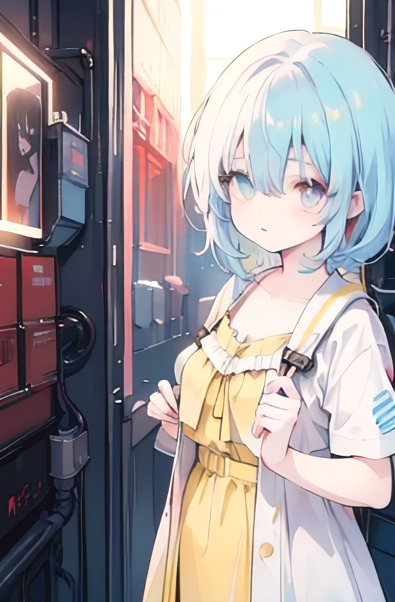 (1girl),anime_coloring, (masterpiece:1.3), (best cinematic quality:1.2), (extremely detailed setting:2), (soft+artistic lighting),short blue haired, (eyes+yellow+red:1.4), (multicolored eyes+heterochromia), wearing cyberpunk clothes,