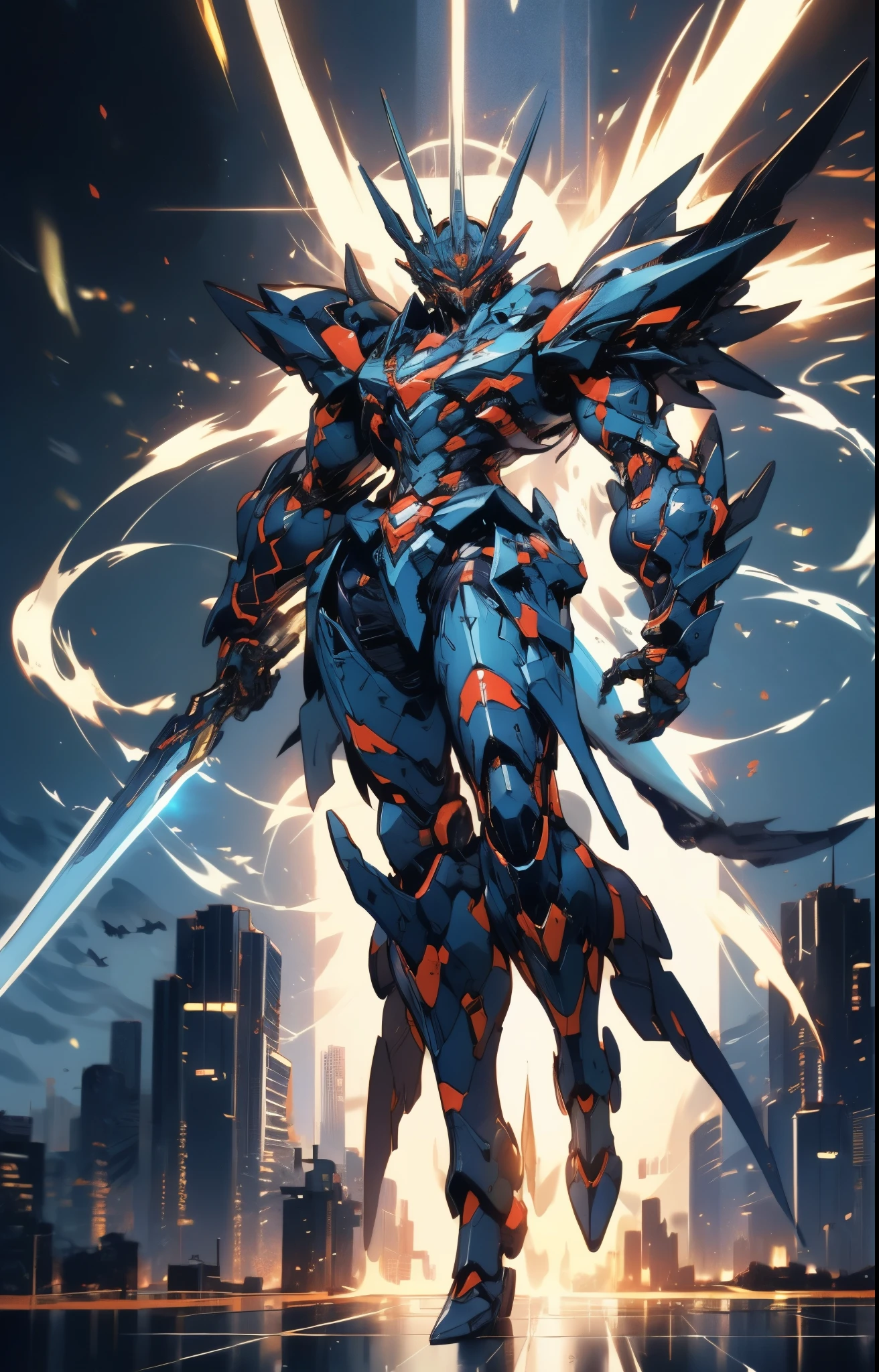 Humanoid Mecha, fully enclosed shoulder guards, matching arm and leg guards, full body, full armor, super robot, the design balances heavy with agility, (the color scheme is primarily white with red and blue accents, the concept Inspired by super robot, artificial muscle chest armor, pose, standing, floating high above the futuristic sci-fi city), exquisite and mature art style, (aura effect, energy, glowing eyes, the armor glows), ((SRS)), metallic, dramatic, high definition, best quality, highres, ultra-detailed, ultra-fine painting, extremely delicate, professional, perfect body proportions, anatomically correct, symmetrical face, extremely detailed eyes and face, high quality eyes, creativity, RAW photo, UHD, 32k, Natural light, cinematic lighting, masterpiece-anatomy-perfect, masterpiece:1.5