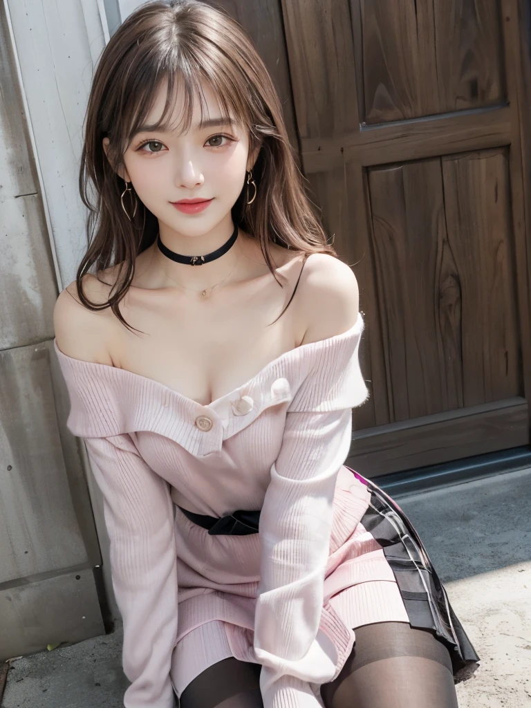 1 girl, Very bright backlight, alone, {Beautiful and delicate eyes}, 20-year-old、Highly detailed face and skin texture,An expression of pure desire, The light is naturally soft, Hair fluttering in the wind, Brown long hair、See-through bangs, smile、Very small earrings, (She was wearing a tight pink mini dress,Off-the-shoulder style_skirt,Black Pantyhose:1.3),Choker Necklace,,21yo, Film Grain, Real Hand,smileで恥ずかしがる,From the knee up