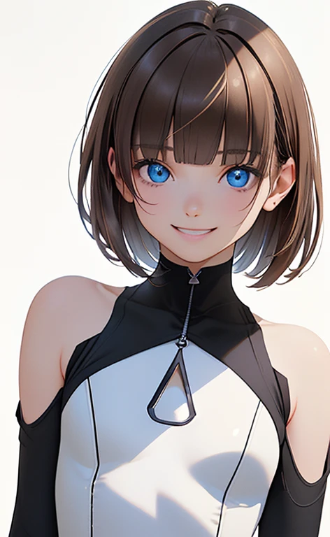 (Photorealistic:1.4)、(,20-year-old:1.5),(masterpiece、Blue Lens Filter:1.5、Blue lens flare:1.5、spot light:1.2、Exquisite beautiful eye:1.5,portlate),(kind eyes、tareme:1.9),(deep shadows:1.5)、Cute Face、 3D Face、(light brown hair:1.5)、(pixie cut),(sidelock :1.5),(blunt bangs:1.3),(1 woman)、(Blue eyes:1.2)、(upper body:1.5)、(Cute smile:1.5)、(head tilt) ,(Cute face:1.2),(flat chest),(),kind face,(white Bodysuit with cut out),(black background:1.5)、()、()、 Neat and clean、Adorable、Demure,Slim Body(),Shiny Hair、()、Nijisketch,Manga,