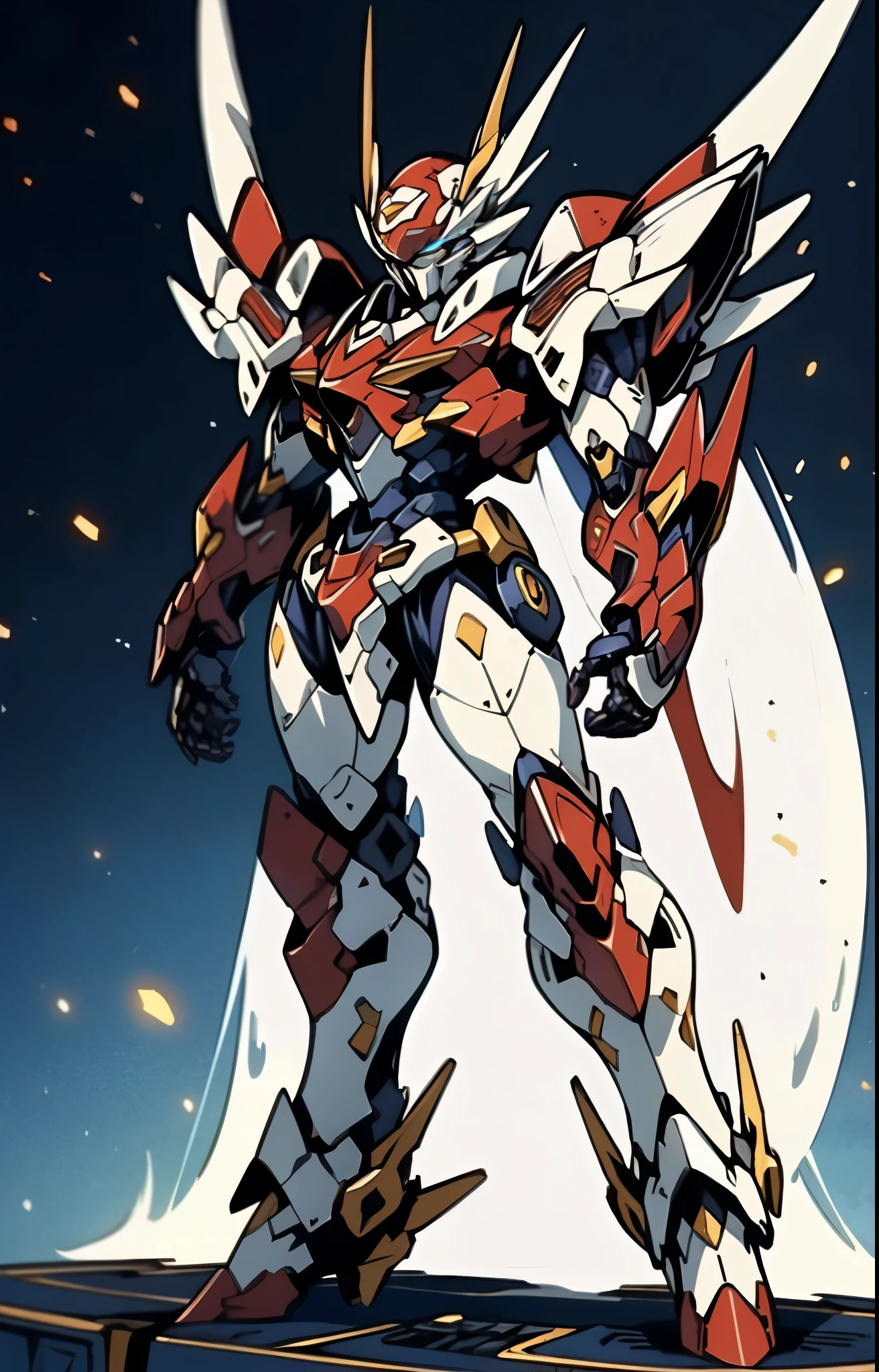 Humanoid Mecha, fully enclosed shoulder guards, matching arm and leg guards, full body, full armor, super robot, the design balances heavy with agility, (the color scheme is primarily white with red and blue accents, the concept Inspired by super robot, artificial muscle chest armor, pose, standing, floating high above the futuristic sci-fi city), exquisite and mature art style, (aura effect, energy, glowing eyes, the armor glows), ((SRS)), metallic, dramatic, high definition, best quality, highres, ultra-detailed, ultra-fine painting, extremely delicate, professional, perfect body proportions, anatomically correct, symmetrical face, extremely detailed eyes and face, high quality eyes, creativity, RAW photo, UHD, 32k, Natural light, cinematic lighting, masterpiece-anatomy-perfect, masterpiece:1.5