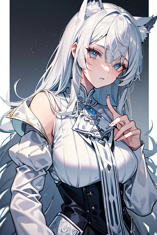 best qualtiy,tmasterpiece,The is very detailed,4K,Gray hair and shallow eyes,Drag cool expressions,Wolf ears,Erect scar on the left eye,British style,1girl,Absolutely beautiful, big bust, white costume