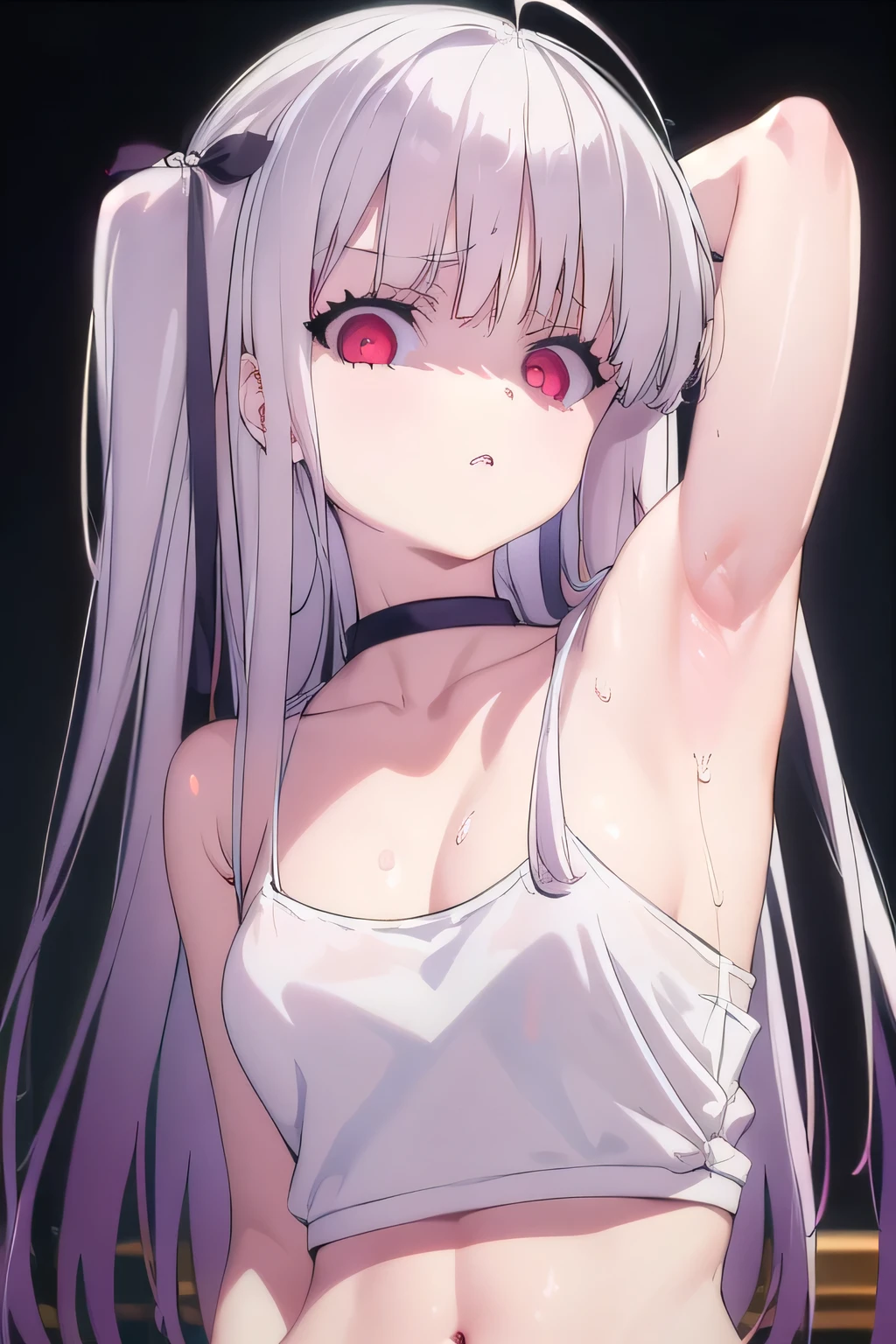 masterpiece, best quality, ultra-high-detailed, Disgusted face, white hair, red eyes, sigtuna julie , small chest , looking to viewer, deep eyes,  glare eyes, croptop, Camisole, tanktop, bare shoulder, focus to face, black background, upper body , cleavage, sweated a lot, arms up,  armpit crease, armpit pits, armpit warm, arms behind head, sweaty armpit 