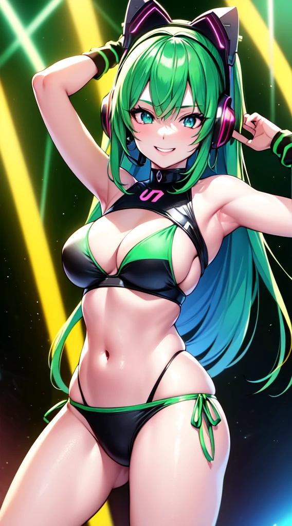 anime girl,club, 2 piece neon blue bikini, headphones,night beach party,dancing,smiling,(best quality:1.2),(ultra-detailed:1.2),(realistic:1.37),HDR,vivid colors,portraits,headphone girl,energetic pose,colorful lights,stage set,joyful expression ,anime style, atmosphere,techno music,electronic dance music,festival vibes,hip hop beats,festival outfit,expressive eyes,long hairstyle with vibrant green and red color hair, gold eyes, elaborate makeup neon lights,beaming smile,positive vibes,high-energy performance,stylized backgrounds,colorful visuals,excitement in the air, mid body portrait,