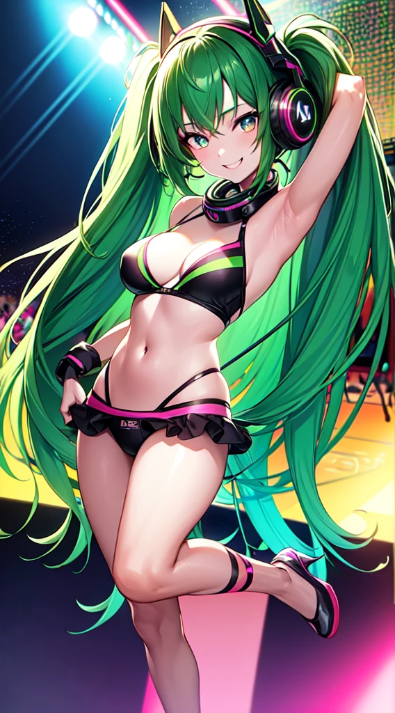 anime girl,club, 2 piece neon blue bikini, headphones,night beach party,dancing,smiling,(best quality:1.2),(ultra-detailed:1.2),(realistic:1.37),HDR,vivid colors,portraits,headphone girl,energetic pose,colorful lights,stage set,joyful expression ,anime style, atmosphere,techno music,electronic dance music,festival vibes,hip hop beats,festival outfit,expressive eyes,long hairstyle with vibrant green and red color hair, gold eyes, elaborate makeup neon lights,beaming smile,positive vibes,high-energy performance,stylized backgrounds,colorful visuals,excitement in the air, mid body portrait,