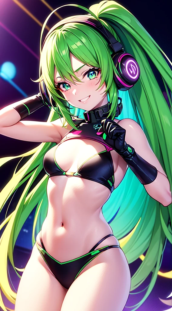 anime girl,club, 2 piece neon blue bikini, headphones,night beach party,dancing,smiling,(best quality:1.2),(ultra-detailed:1.2),(realistic:1.37),HDR,vivid colors,portraits,headphone girl,energetic pose,colorful lights,stage set,joyful expression ,anime style, atmosphere,techno music,electronic dance music,festival vibes,hip hop beats,festival outfit,expressive eyes,long hairstyle with vibrant green and red color hair, gold eyes, elaborate makeup neon lights,beaming smile,positive vibes,high-energy performance,stylized backgrounds,colorful visuals,excitement in the air, mid body portrait,