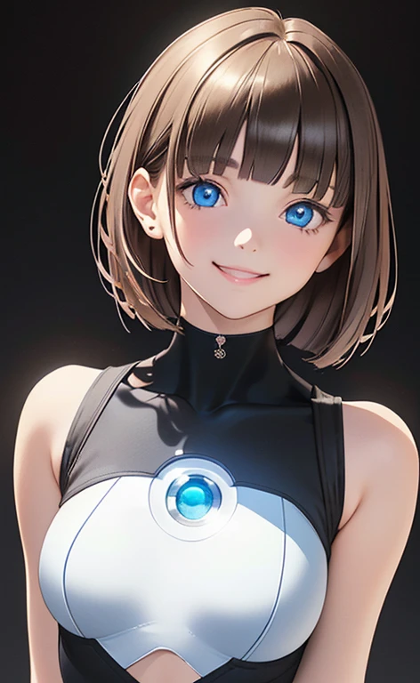 (Photorealistic:1.4)、(,20-year-old:1.5),(masterpiece、Blue Lens Filter:1.5、Blue lens flare:1.5、spot light:1.2、Exquisite beautiful eye:1.5,portlate),(kind eyes、tareme:1.9),(deep shadows:1.5)、Cute Face、 3D Face、(light brown hair:1.5)、(pixie cut),(sidelock :1.5),(blunt bangs:1.3),(1 woman)、(Blue eyes:1.2)、(upper body:1.5)、(Cute smile:1.5)、(head tilt) ,(Cute face:1.2),(flat chest),(),kind face,(white Bodysuit with cut out),(black background:1.5)、()、()、 Neat and clean、Adorable、Demure,Slim Body(),Shiny Hair、()、Nijisketch,Manga,