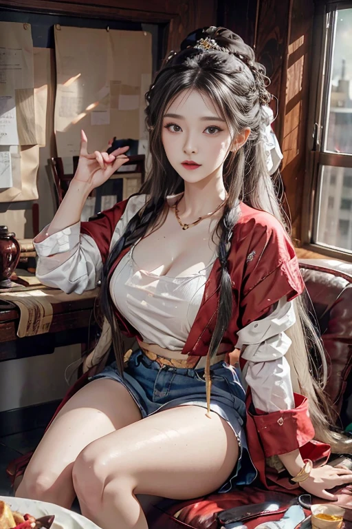 (RAW photos, best quality), (Practical, photo-Practical:1.3),best quality,masterpiece,Extremely detailed,1 Girl,superior_Body,Dynamic angle,world masterpiece theater,messy_long_hair,best quality,Extremely detailed CG unity 8k wallpaper,ink,Astonishing,movie lighting, Dunhuang_style,Braided hair on top of head, plump breasts