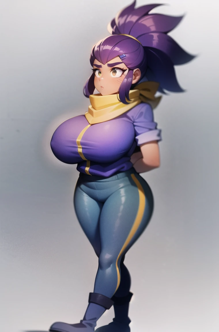 shellyBS, 1girl, dark skin, dark-skinned female, purple hair, ponytail, yellow hairclip, bandaid on face, scarf, purple shirt, short sleeves, blue pants, blue boots, gigantic breasts, arms behind back
