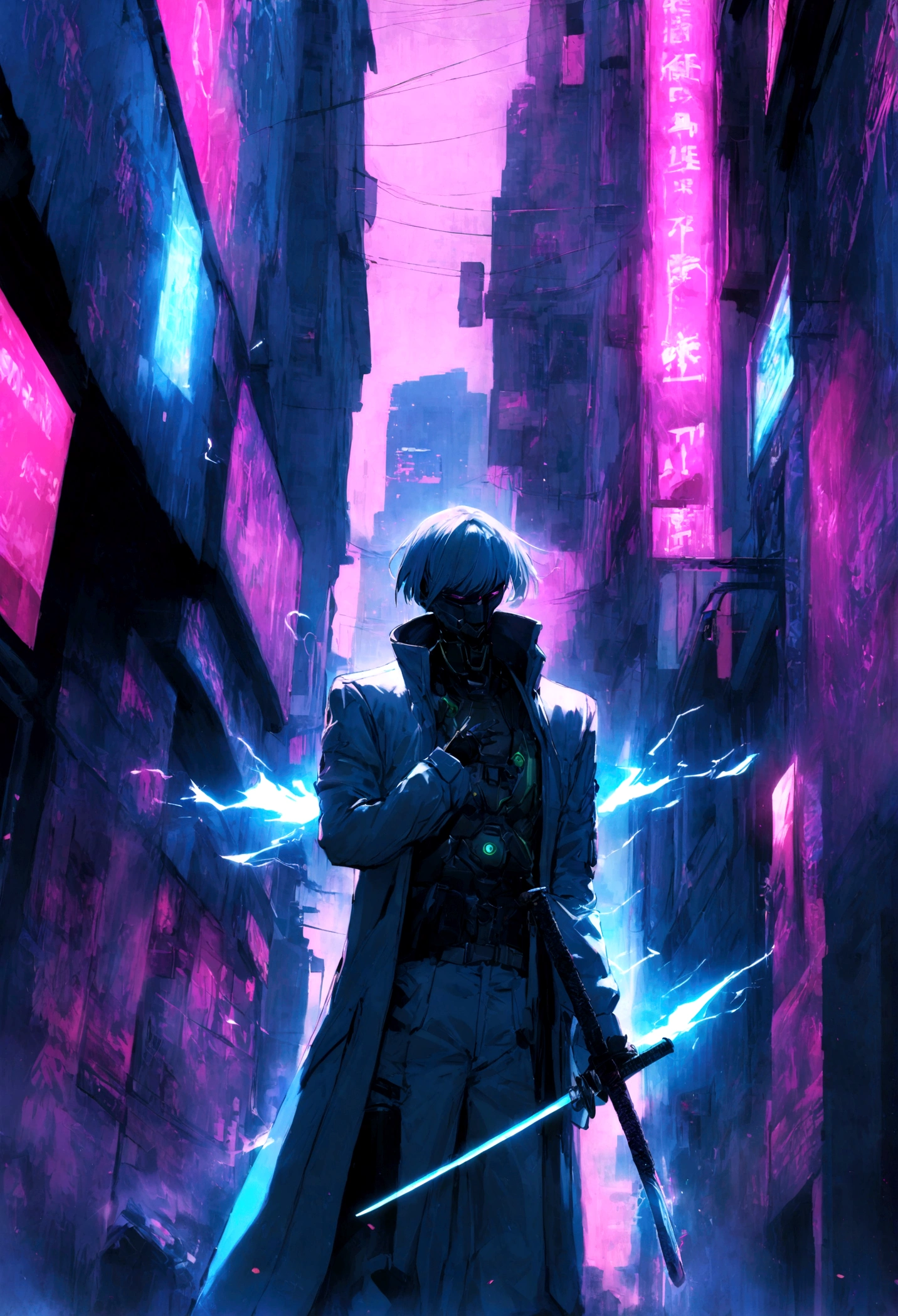 Em um beco encharcado de neon de uma cidade cyberpunk, A lone cybersamurai beneath flashing holographic signs. Seu ciberware carmesim brilha, and a holographic katana vibrates with energy as they prepare for a duel with an invisible adversary
