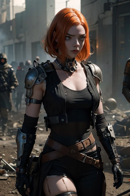 A highly detailed and realistic skull girl,( Anya. Taylor Joy) cyberpunk character, mad max furiosa, one hand robot, cyborg arm, orange hair, dramatic metal heavy rock theme, best quality, 8k, hyperrealistic, photorealistic, extreme detailed painting, studio lighting, vivid colors, dark moody atmosphere, cinematic, dramatic pose, intricate mechanical details, glowing energy effects, intense gritty textures, seamless integration of organic and inorganic elements. Wearing the used clothes of a wastelander. Background: An apocalyptic wasteland. Dusty and depressing., sexy pose, walking