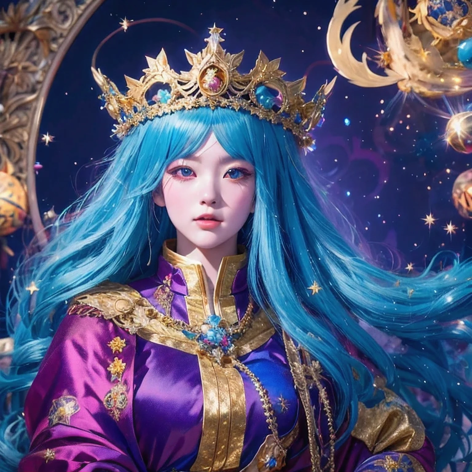 18 years old with blue hair wearing a gold crown and a blue wig, fantasy art style, ((a beautiful fantasy empress)), a beautiful fantasy empress, artwork in the style of Girl, azure. detailed hair, 18 years old, palace ， a girl in hanfu, beautiful celestial mage, anime girl with cosmic hair